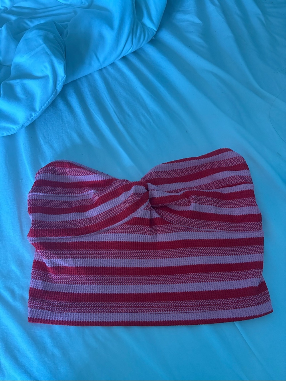 SHEIN Pink & Red Striped Strapless Crop Top
